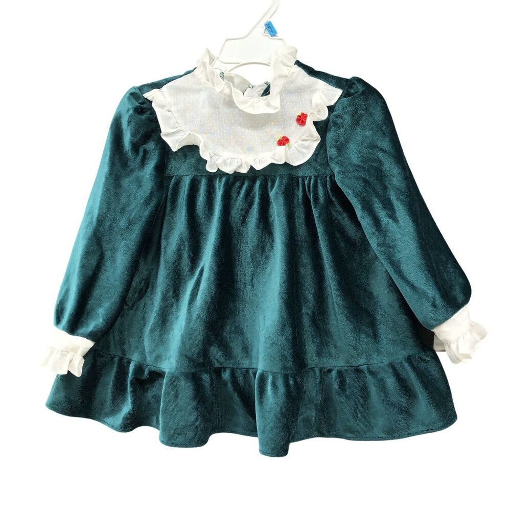 Vintage Girls 24M Velvet Dress Long Sleeve Ruffle Collared‎ Jewel Green Holiday
